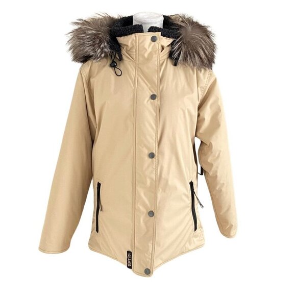 NWOT VALANGA BEIGE FUR TRIM HOODED SHORT WINTER COAT - 8 - Picture 2 of 12